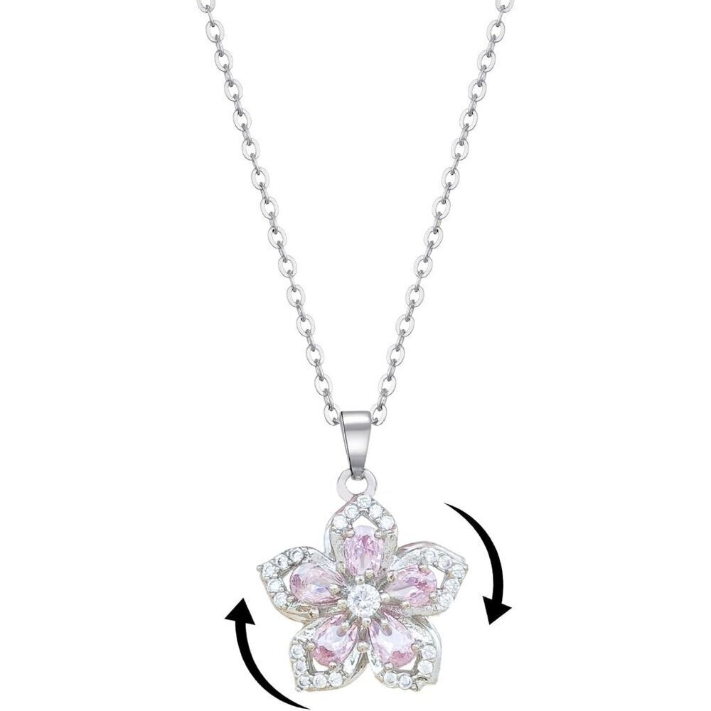 Women Flower Fidget Silver pink Set Necklace Rotatable Crystal Blossom Pendant